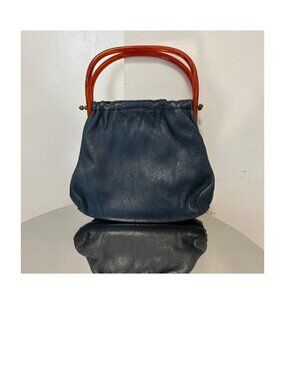 Vintage Navy Blue Leather Purse with Lucite Handles